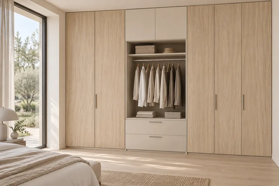 European closet concept render, Bedroom wardrobe wall: slab fronts in pale sand cathedral-grain oak-effect (Sand Casella Oak) with warm ivory (Soft Beige) doors