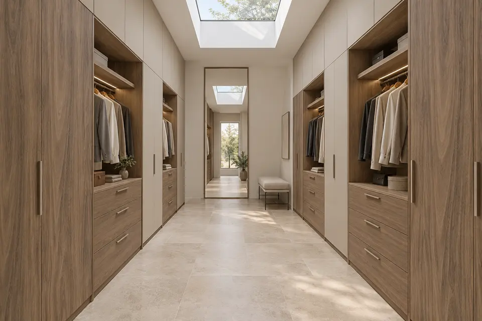European closet concept render, Gallery dressing room: slab fronts in muted brown walnut-effect (Natural Carini Walnut) with pale cashmere grey (Cashmere Grey) doors