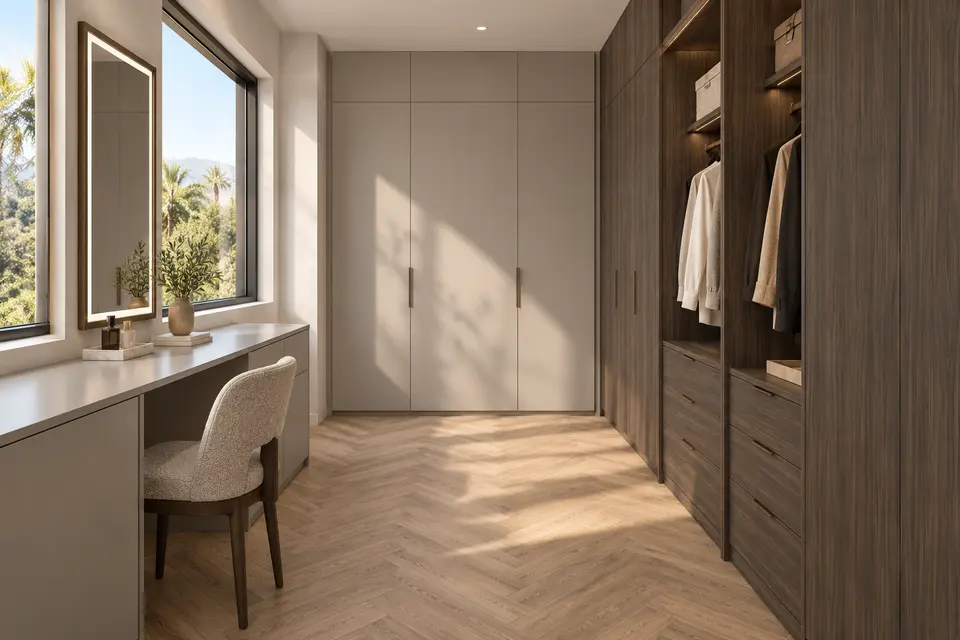 European closet concept render, Window-side dressing nook: slab fronts in dark taupe-brown straight grain (Esperia) with light taupe grey (Taupe Grey) doors