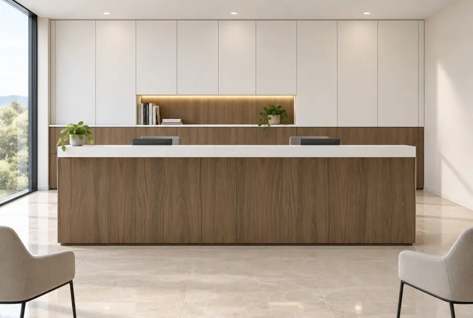 European front desk concept render, Walnut-effect reception desk: slab fronts in muted brown walnut-effect (Natural Carini Walnut) with clean matte white (Alpine White) doors
