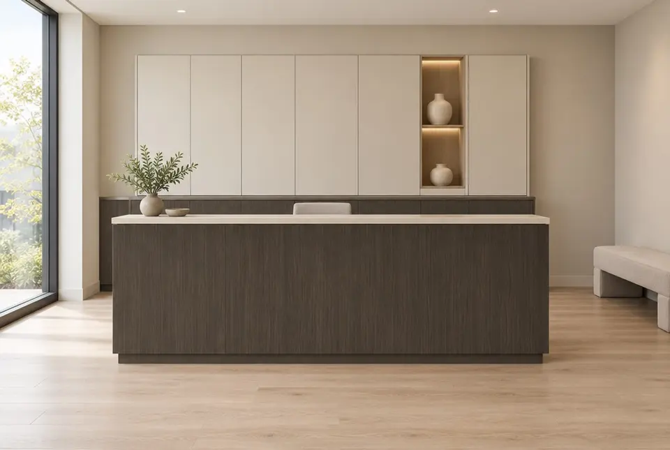 European front desk concept render, Taupe-grain front desk: slab fronts in dark taupe-brown straight grain (Esperia) with warm ivory (Soft Beige) doors