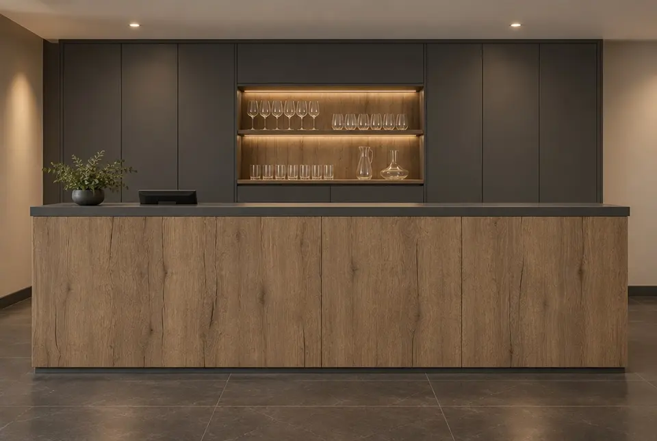 European front desk concept render, Oak and graphite host stand: slab fronts in warm brown fissured oak-effect (Tobacco Halifax Oak) with graphite grey (Graphite Grey) doors