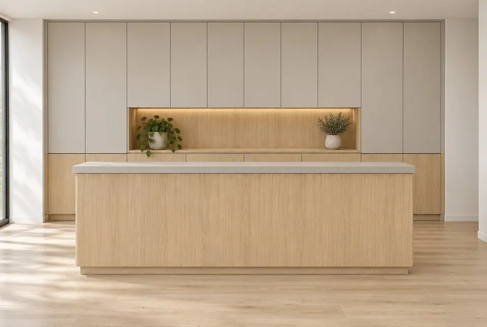 European front desk concept render, Light oak studio desk: slab fronts in light linear oak-effect (Vicenza Oak) with pale cashmere grey (Cashmere Grey) doors